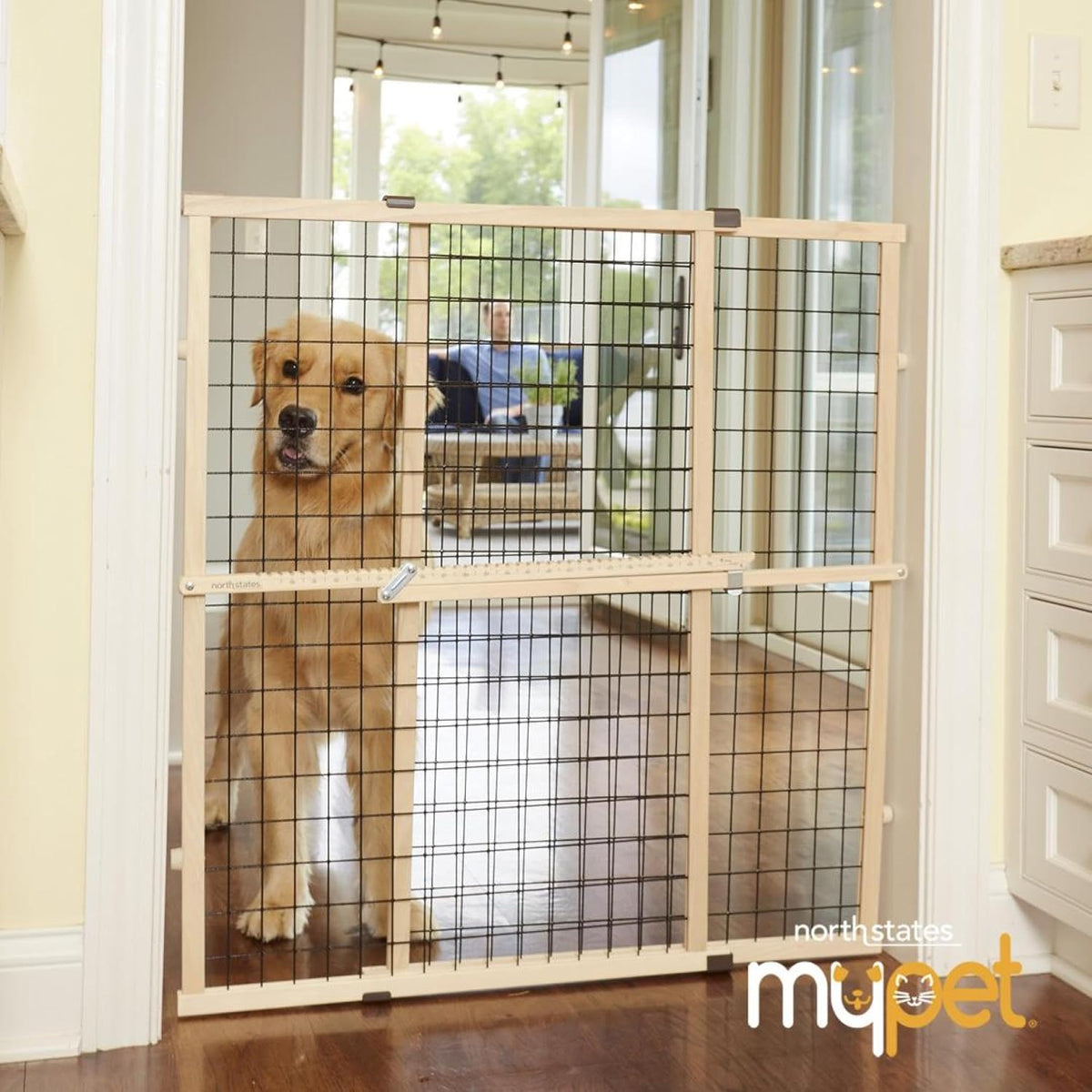 MYPET Wire Mesh Dog Gate: 29.5"-50" Wide, Pressure Mounted with No Tools; Expandable, Durable Pet Gates for Doors and Hallways, 31" Tall, Made with Sustainable Hardwood