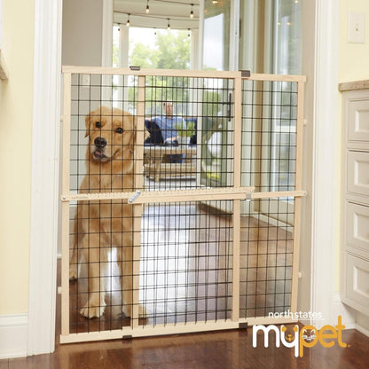 MYPET Wire Mesh Dog Gate: 29.5"-50" Wide, Pressure Mounted with No Tools; Expandable, Durable Pet Gates for Doors and Hallways, 31" Tall, Made with Sustainable Hardwood