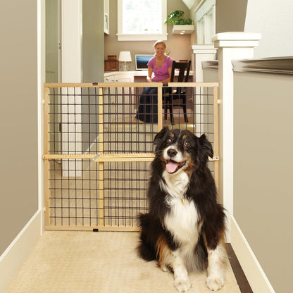 MYPET Wire Mesh Dog Gate: 29.5"-50" Wide, Pressure Mounted with No Tools; Expandable, Durable Pet Gates for Doors and Hallways, 31" Tall, Made with Sustainable Hardwood