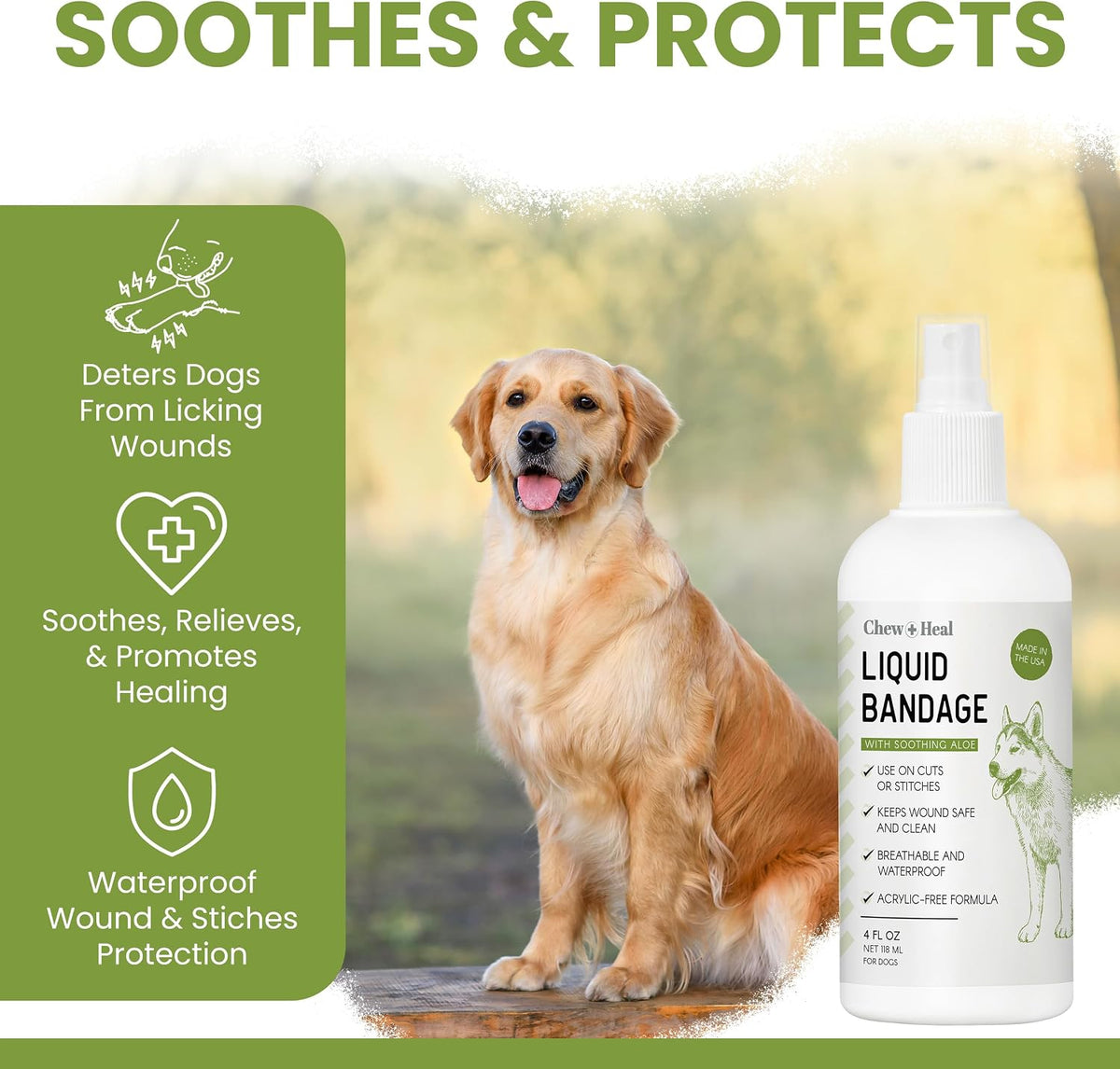Liquid Bandage for Dogs 4oz Waterproof Spray - Dog Wound Care with Aloe for Cuts, Scrapes, Hot Spots & Paw Injuries - Alcohol-Free, Safe if Licked, Made in USA