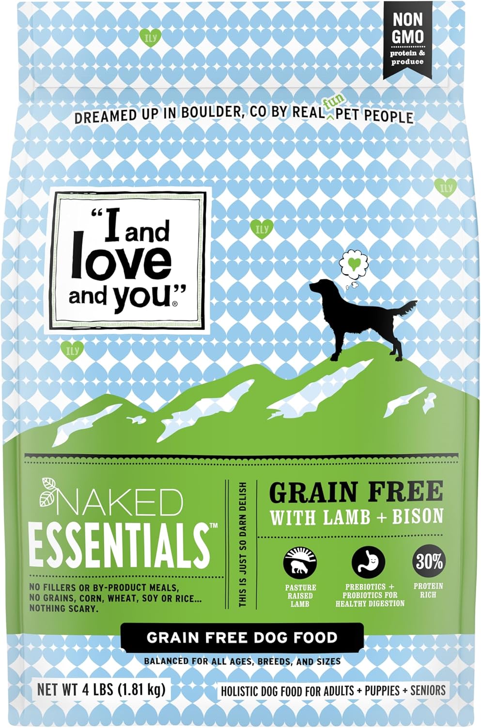 Naked Essentials Dry Dog Food - Lamb + Bison - High Protein, Real Meat, No Fillers, Prebiotics + Probiotics, 4lb Bag