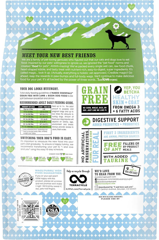 Naked Essentials Dry Dog Food - Lamb + Bison - High Protein, Real Meat, No Fillers, Prebiotics + Probiotics, 4lb Bag