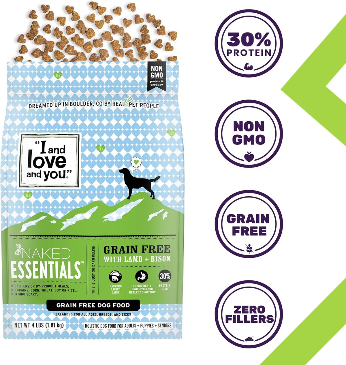 Naked Essentials Dry Dog Food - Lamb + Bison - High Protein, Real Meat, No Fillers, Prebiotics + Probiotics, 4lb Bag