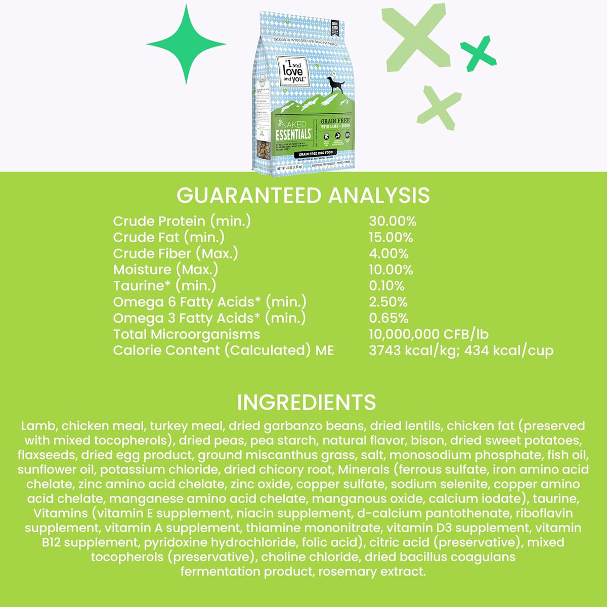 Naked Essentials Dry Dog Food - Lamb + Bison - High Protein, Real Meat, No Fillers, Prebiotics + Probiotics, 4lb Bag