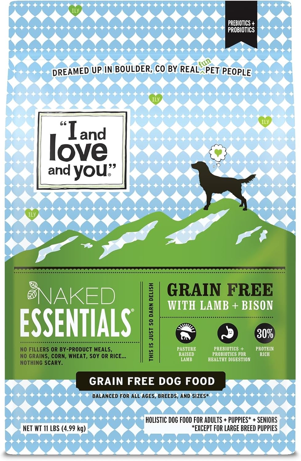 Naked Essentials Dry Dog Food - Lamb + Bison - High Protein, Real Meat, No Fillers, Prebiotics + Probiotics, 4lb Bag
