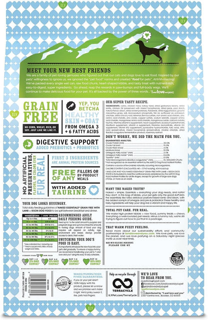 Naked Essentials Dry Dog Food - Lamb + Bison - High Protein, Real Meat, No Fillers, Prebiotics + Probiotics, 4lb Bag