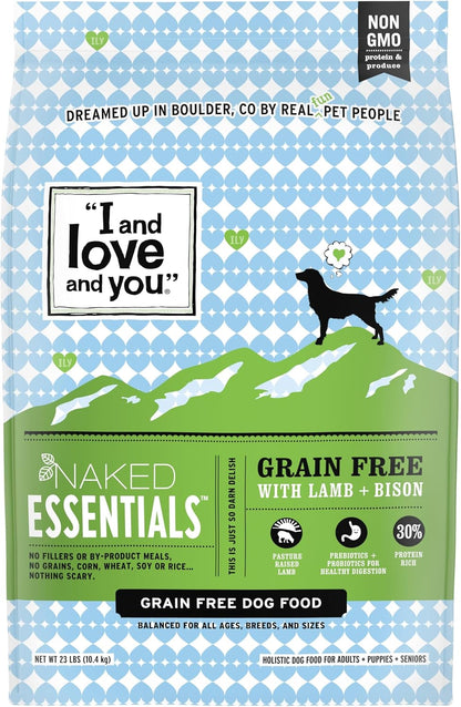Naked Essentials Dry Dog Food - Lamb + Bison - High Protein, Real Meat, No Fillers, Prebiotics + Probiotics, 4lb Bag