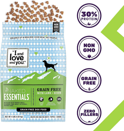 Naked Essentials Dry Dog Food - Lamb + Bison - High Protein, Real Meat, No Fillers, Prebiotics + Probiotics, 4lb Bag