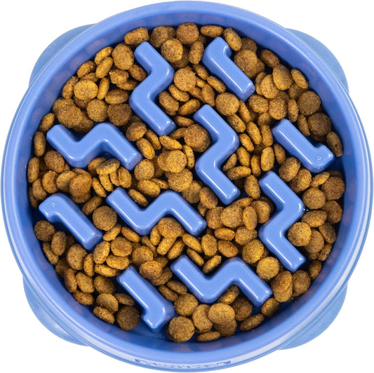 Fun Feeder Slo Bowl – Medium 2‑Cup Capacity, Slow Feeding, Small to Medium Dogs & Cats, Non-Slip, Blue, Notch Pattern | Slows Fast Eaters, Can Aid Digestion, Holds 2 Cups Dry or Wet Food, Non-Slip, Easy Clean, No BPA, Small to Medium Dogs & Cats