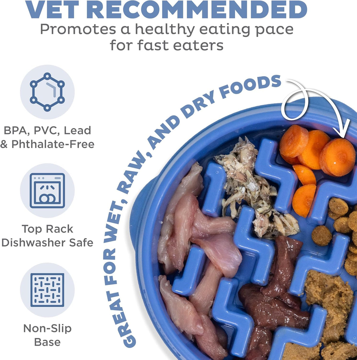 Fun Feeder Slo Bowl – Medium 2‑Cup Capacity, Slow Feeding, Small to Medium Dogs & Cats, Non-Slip, Blue, Notch Pattern | Slows Fast Eaters, Can Aid Digestion, Holds 2 Cups Dry or Wet Food, Non-Slip, Easy Clean, No BPA, Small to Medium Dogs & Cats