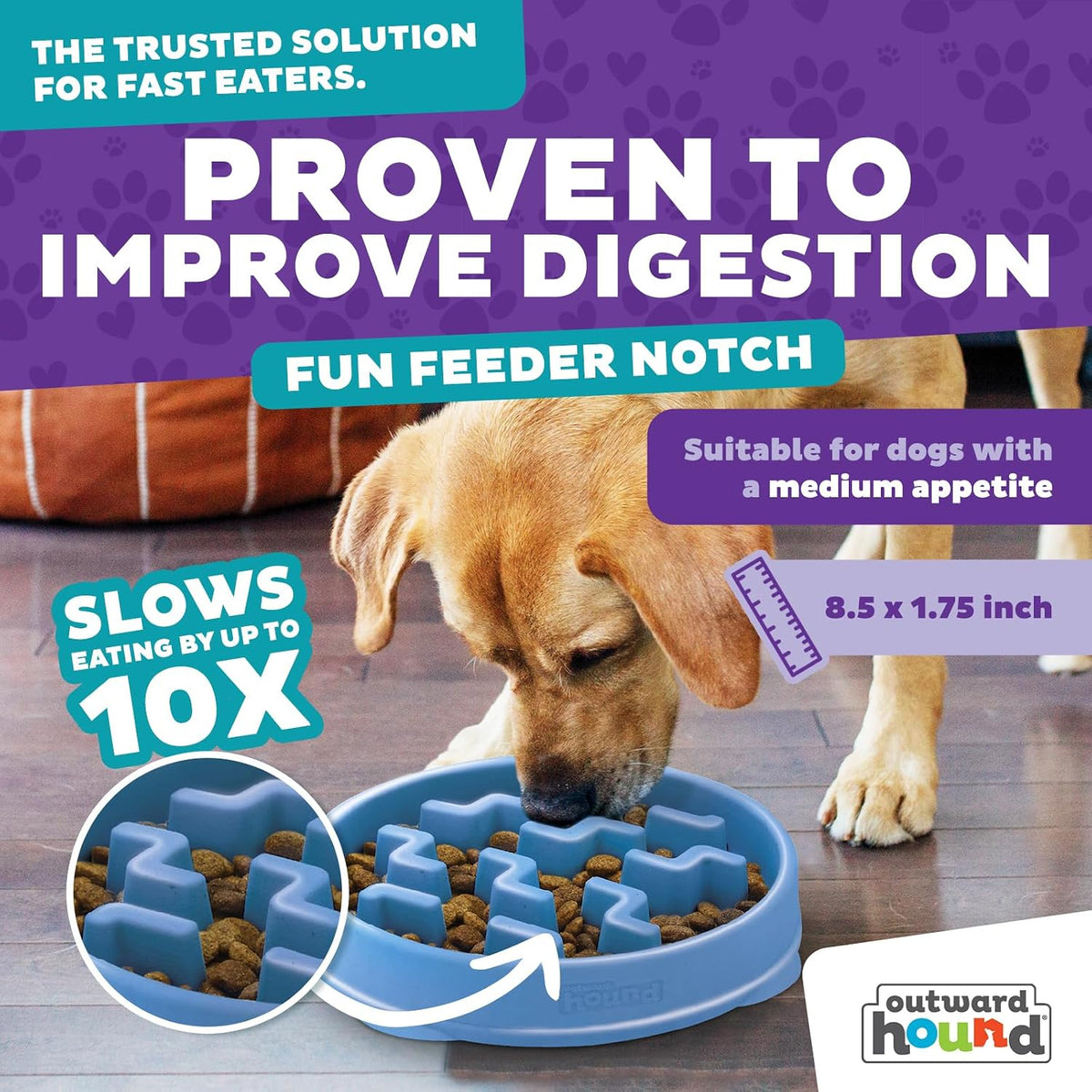 Fun Feeder Slo Bowl – Medium 2‑Cup Capacity, Slow Feeding, Small to Medium Dogs & Cats, Non-Slip, Blue, Notch Pattern | Slows Fast Eaters, Can Aid Digestion, Holds 2 Cups Dry or Wet Food, Non-Slip, Easy Clean, No BPA, Small to Medium Dogs & Cats