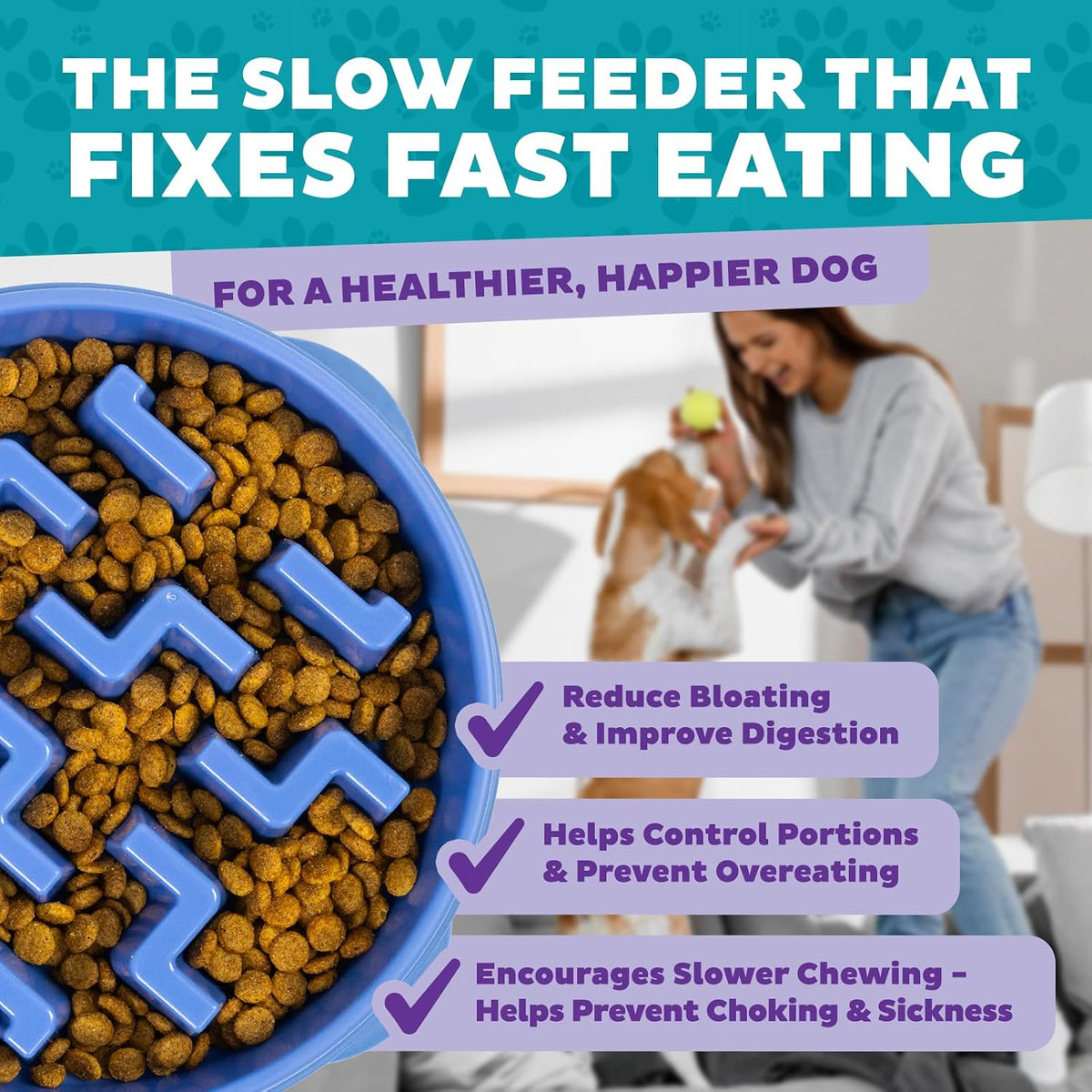 Fun Feeder Slo Bowl – Medium 2‑Cup Capacity, Slow Feeding, Small to Medium Dogs & Cats, Non-Slip, Blue, Notch Pattern | Slows Fast Eaters, Can Aid Digestion, Holds 2 Cups Dry or Wet Food, Non-Slip, Easy Clean, No BPA, Small to Medium Dogs & Cats