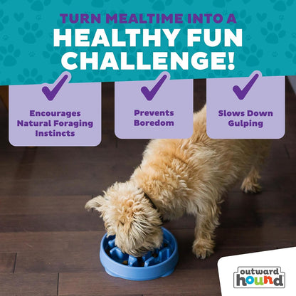 Fun Feeder Slo Bowl – Medium 2‑Cup Capacity, Slow Feeding, Small to Medium Dogs & Cats, Non-Slip, Blue, Notch Pattern | Slows Fast Eaters, Can Aid Digestion, Holds 2 Cups Dry or Wet Food, Non-Slip, Easy Clean, No BPA, Small to Medium Dogs & Cats