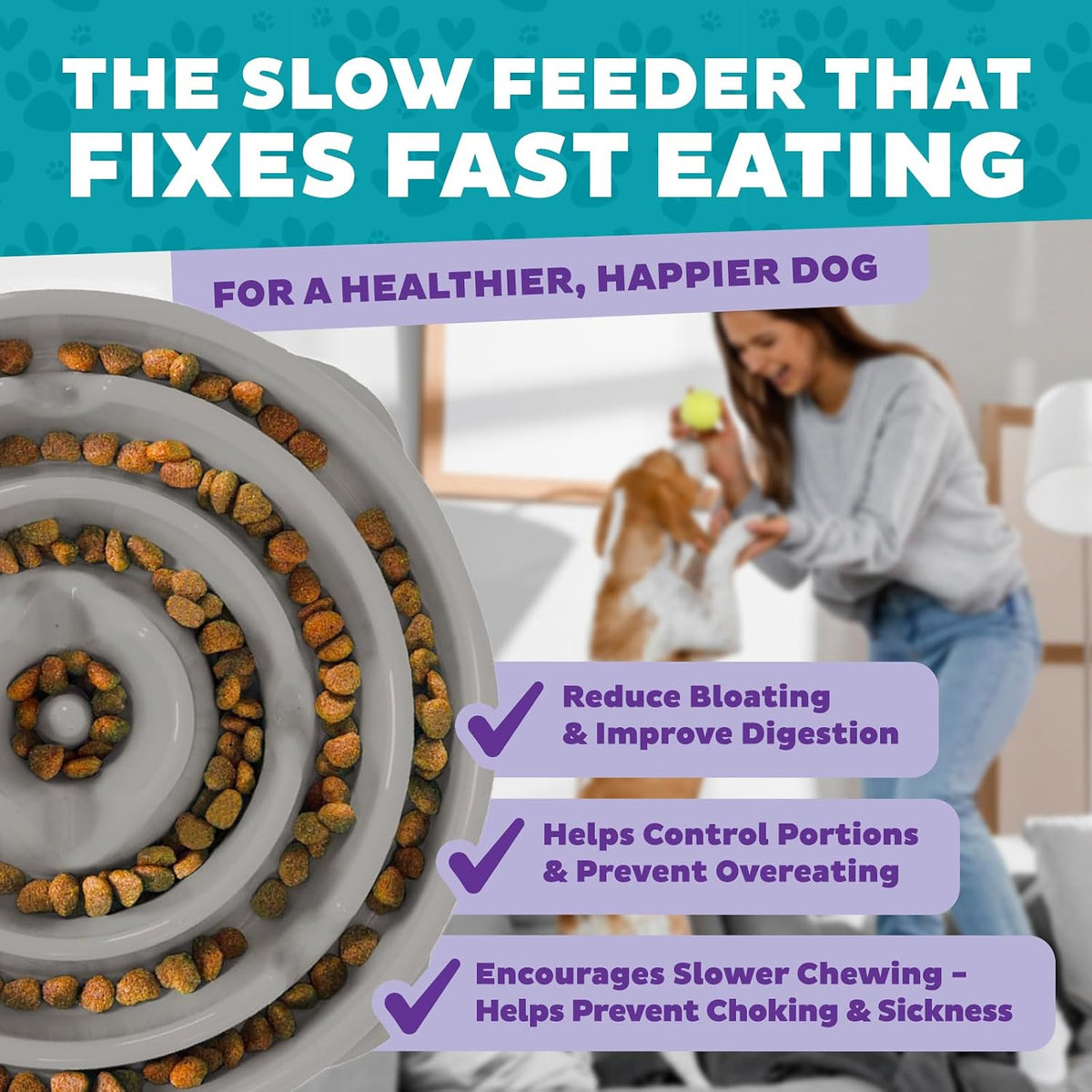 Fun Feeder Slo Bowl – Medium 2‑Cup Capacity, Slow Feeding, Small to Medium Dogs & Cats, Non-Slip, Blue, Notch Pattern | Slows Fast Eaters, Can Aid Digestion, Holds 2 Cups Dry or Wet Food, Non-Slip, Easy Clean, No BPA, Small to Medium Dogs & Cats