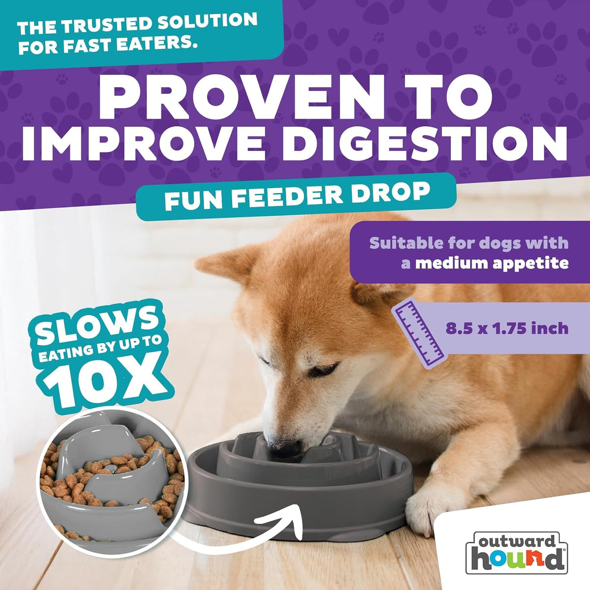 Fun Feeder Slo Bowl – Medium 2‑Cup Capacity, Slow Feeding, Small to Medium Dogs & Cats, Non-Slip, Blue, Notch Pattern | Slows Fast Eaters, Can Aid Digestion, Holds 2 Cups Dry or Wet Food, Non-Slip, Easy Clean, No BPA, Small to Medium Dogs & Cats