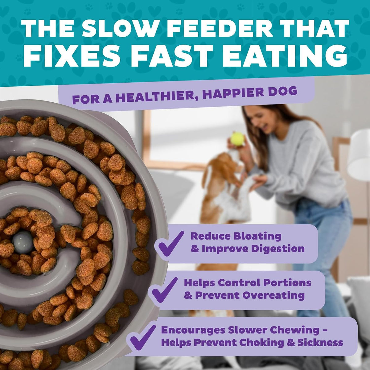 Fun Feeder Slo Bowl – Medium 2‑Cup Capacity, Slow Feeding, Small to Medium Dogs & Cats, Non-Slip, Blue, Notch Pattern | Slows Fast Eaters, Can Aid Digestion, Holds 2 Cups Dry or Wet Food, Non-Slip, Easy Clean, No BPA, Small to Medium Dogs & Cats