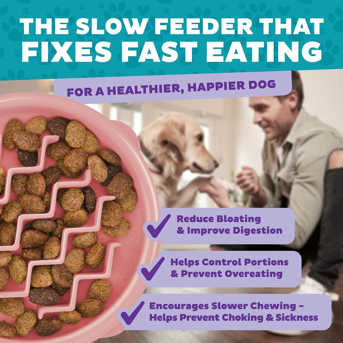 Fun Feeder Slo Bowl – Medium 2‑Cup Capacity, Slow Feeding, Small to Medium Dogs & Cats, Non-Slip, Blue, Notch Pattern | Slows Fast Eaters, Can Aid Digestion, Holds 2 Cups Dry or Wet Food, Non-Slip, Easy Clean, No BPA, Small to Medium Dogs & Cats