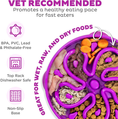 Fun Feeder Slo Bowl – Medium 2‑Cup Capacity, Slow Feeding, Small to Medium Dogs & Cats, Non-Slip, Blue, Notch Pattern | Slows Fast Eaters, Can Aid Digestion, Holds 2 Cups Dry or Wet Food, Non-Slip, Easy Clean, No BPA, Small to Medium Dogs & Cats
