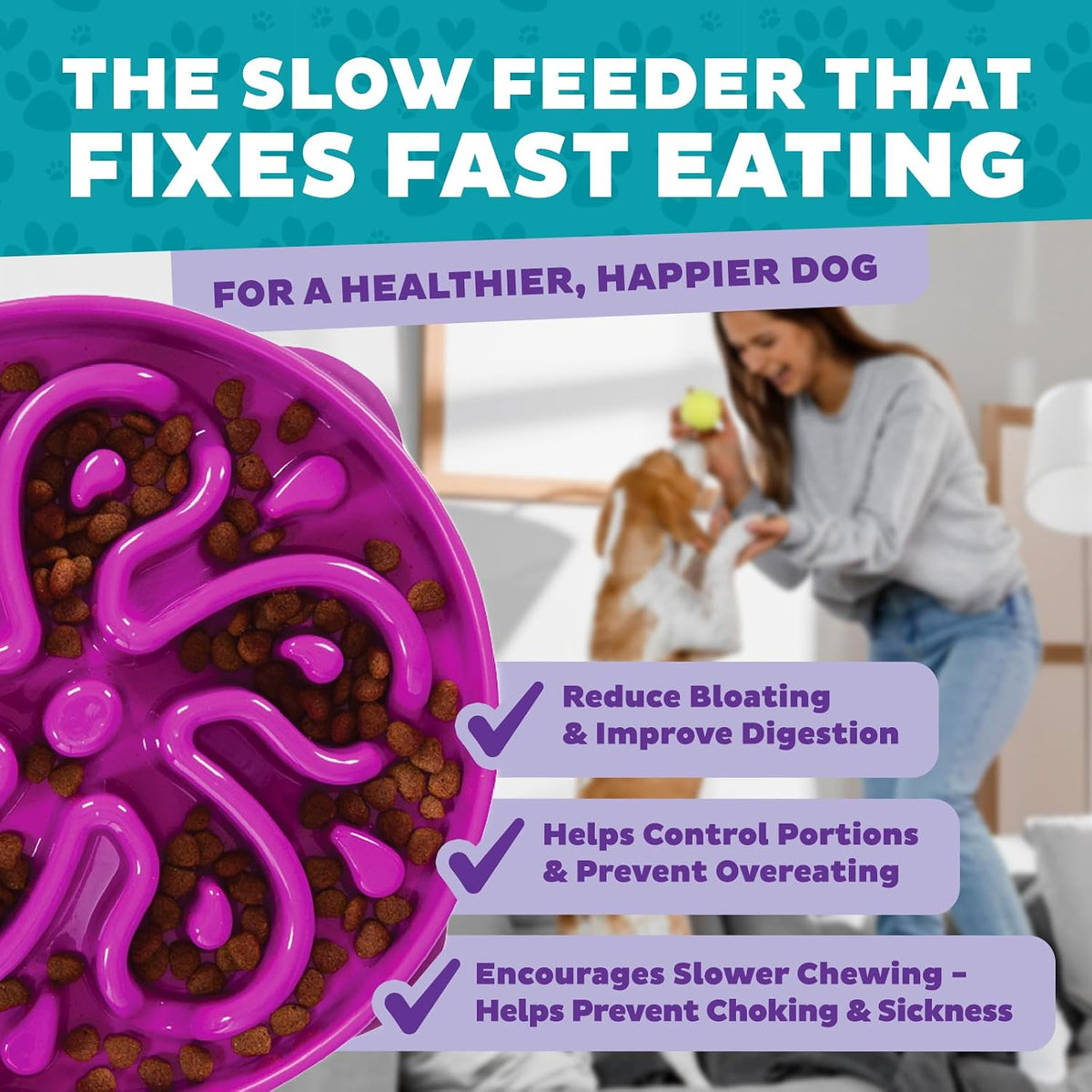 Fun Feeder Slo Bowl – Medium 2‑Cup Capacity, Slow Feeding, Small to Medium Dogs & Cats, Non-Slip, Blue, Notch Pattern | Slows Fast Eaters, Can Aid Digestion, Holds 2 Cups Dry or Wet Food, Non-Slip, Easy Clean, No BPA, Small to Medium Dogs & Cats