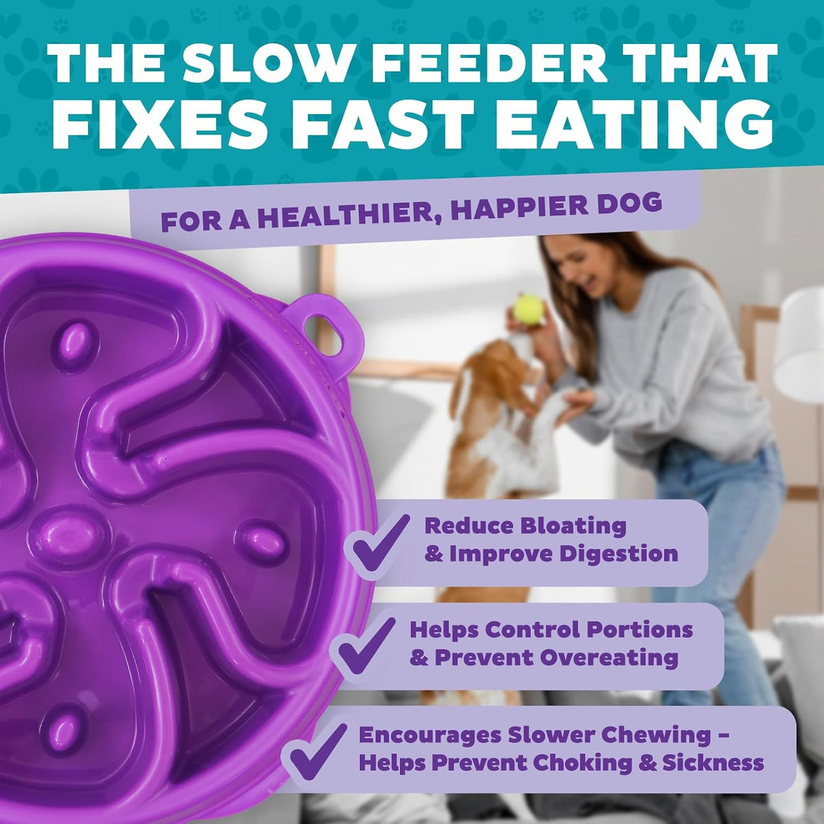 Fun Feeder Slo Bowl – Medium 2‑Cup Capacity, Slow Feeding, Small to Medium Dogs & Cats, Non-Slip, Blue, Notch Pattern | Slows Fast Eaters, Can Aid Digestion, Holds 2 Cups Dry or Wet Food, Non-Slip, Easy Clean, No BPA, Small to Medium Dogs & Cats