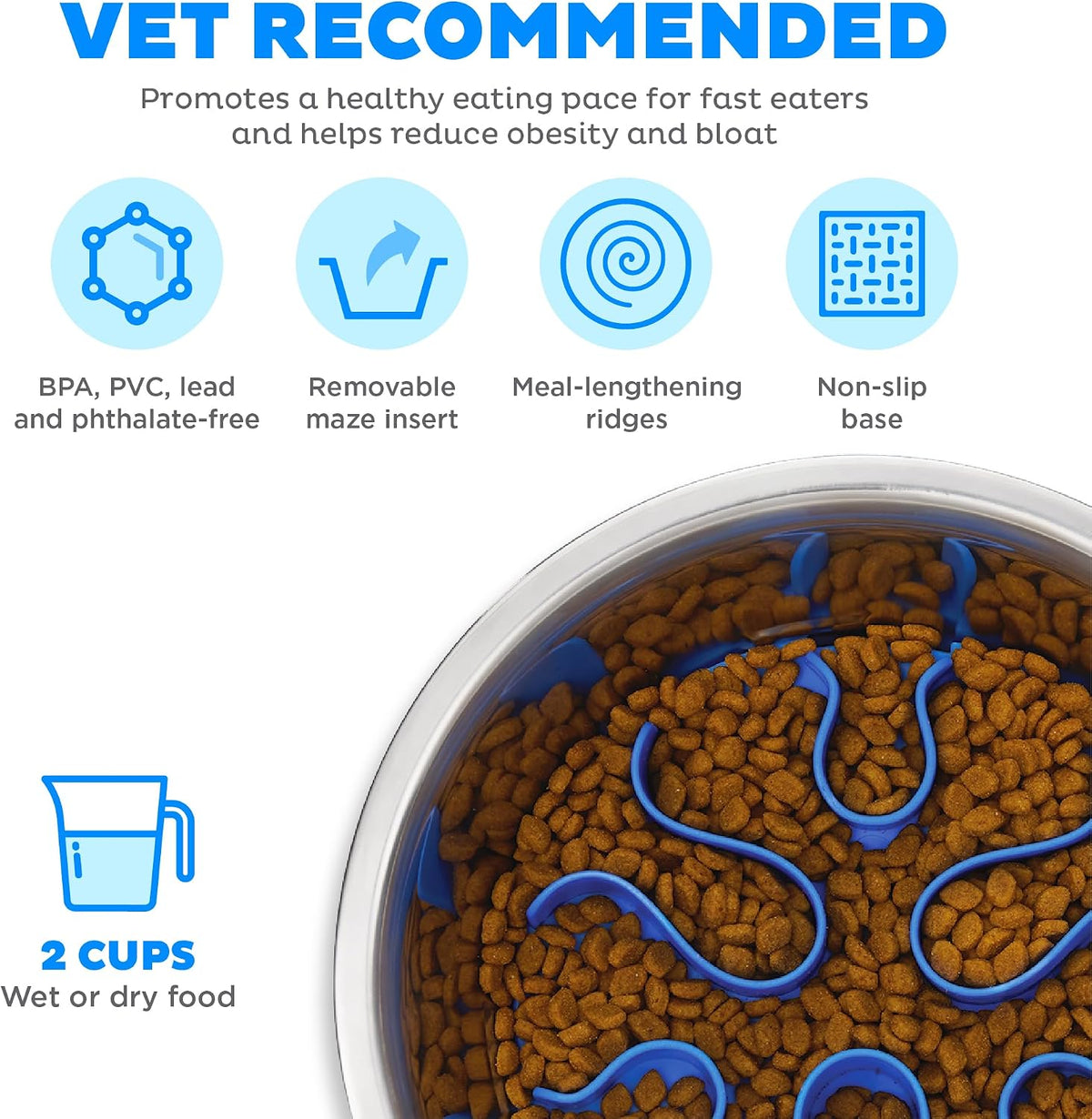 Fun Feeder Slo Bowl – Medium 2‑Cup Capacity, Slow Feeding, Small to Medium Dogs & Cats, Non-Slip, Blue, Notch Pattern | Slows Fast Eaters, Can Aid Digestion, Holds 2 Cups Dry or Wet Food, Non-Slip, Easy Clean, No BPA, Small to Medium Dogs & Cats