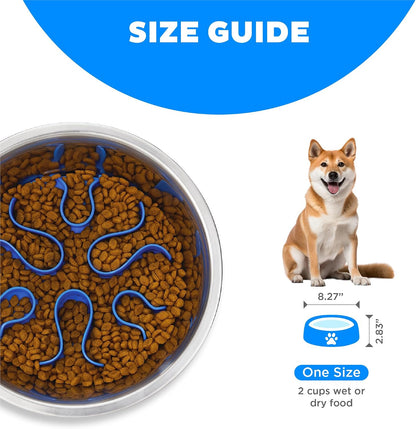 Fun Feeder Slo Bowl – Medium 2‑Cup Capacity, Slow Feeding, Small to Medium Dogs & Cats, Non-Slip, Blue, Notch Pattern | Slows Fast Eaters, Can Aid Digestion, Holds 2 Cups Dry or Wet Food, Non-Slip, Easy Clean, No BPA, Small to Medium Dogs & Cats