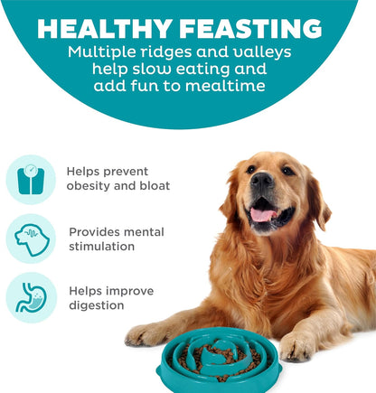 Fun Feeder Slo Bowl – Medium 2‑Cup Capacity, Slow Feeding, Small to Medium Dogs & Cats, Non-Slip, Blue, Notch Pattern | Slows Fast Eaters, Can Aid Digestion, Holds 2 Cups Dry or Wet Food, Non-Slip, Easy Clean, No BPA, Small to Medium Dogs & Cats