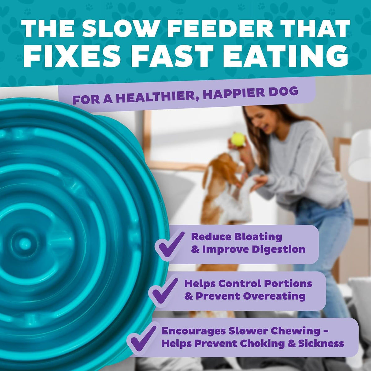 Fun Feeder Slo Bowl – Medium 2‑Cup Capacity, Slow Feeding, Small to Medium Dogs & Cats, Non-Slip, Blue, Notch Pattern | Slows Fast Eaters, Can Aid Digestion, Holds 2 Cups Dry or Wet Food, Non-Slip, Easy Clean, No BPA, Small to Medium Dogs & Cats