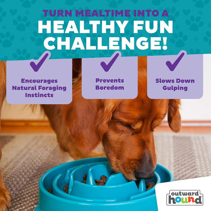 Fun Feeder Slo Bowl – Medium 2‑Cup Capacity, Slow Feeding, Small to Medium Dogs & Cats, Non-Slip, Blue, Notch Pattern | Slows Fast Eaters, Can Aid Digestion, Holds 2 Cups Dry or Wet Food, Non-Slip, Easy Clean, No BPA, Small to Medium Dogs & Cats