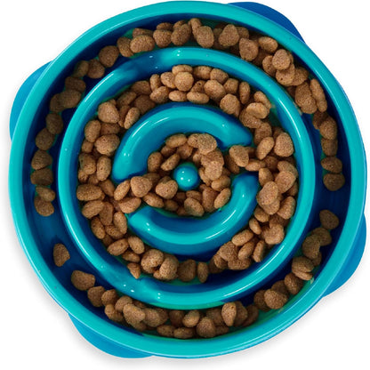 Fun Feeder Slo Bowl – Medium 2‑Cup Capacity, Slow Feeding, Small to Medium Dogs & Cats, Non-Slip, Blue, Notch Pattern | Slows Fast Eaters, Can Aid Digestion, Holds 2 Cups Dry or Wet Food, Non-Slip, Easy Clean, No BPA, Small to Medium Dogs & Cats
