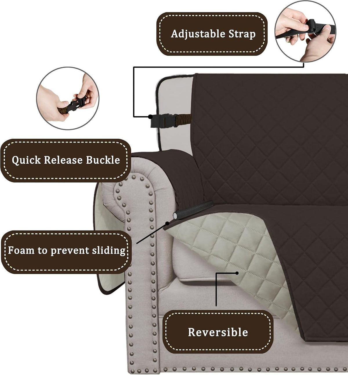 Reversible Couch Cover, 3 Cushion Sofa, Large, Chocolate/Beige | Machine Washable Slipcover For Dogs, Water Resistant Furniture Mat For Living Room, Non-Slip Sofa Cover, Pet Friendly - Colors B