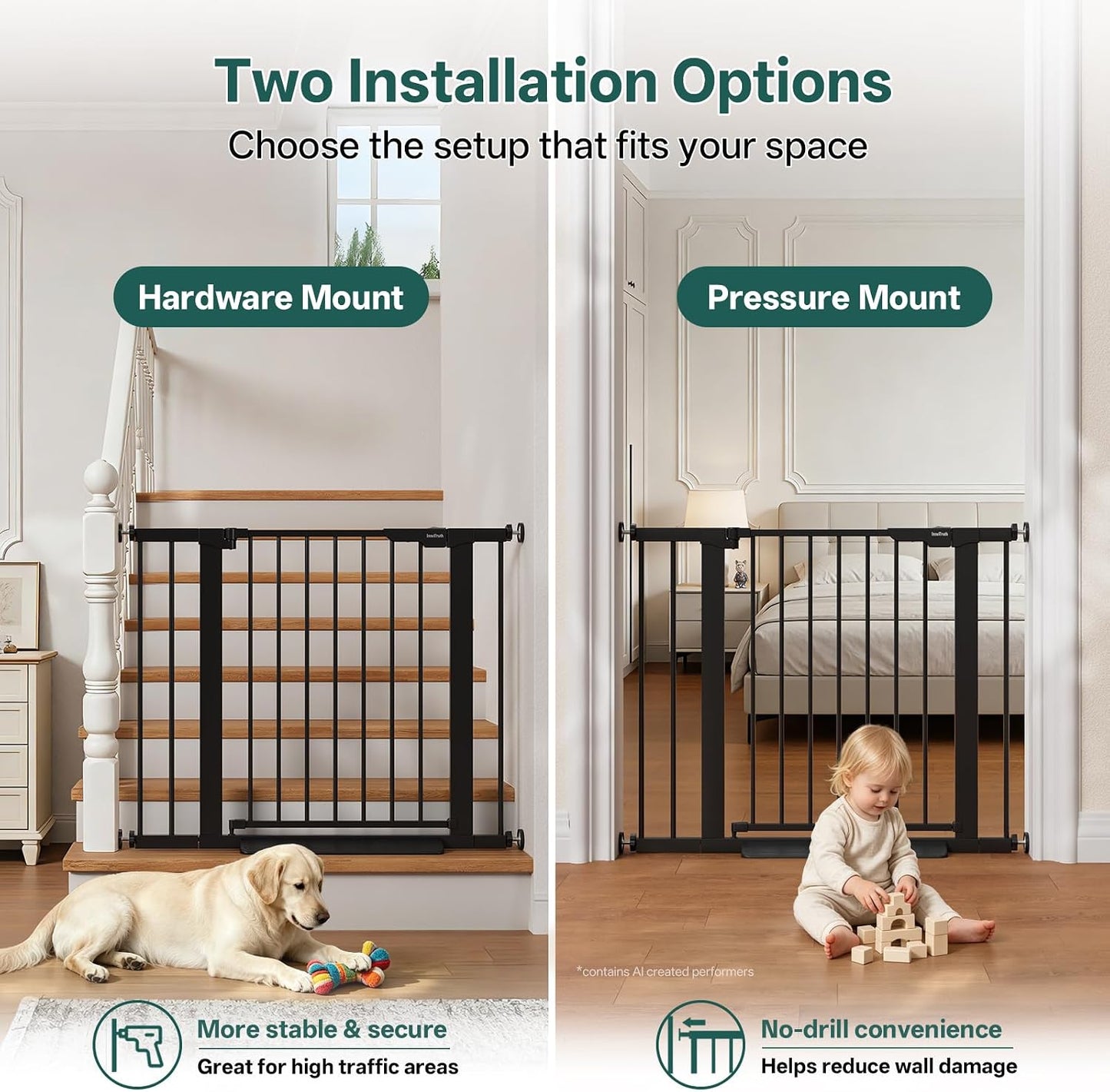 29.5–40.75" Baby Gate for Stairs, 30" Tall Dog Gates for Doorways & Hallways, Safety Gate for Kids & Pets, Pressure-Mounted Walk-Through with Dual Lock & 2-Way Swing, White