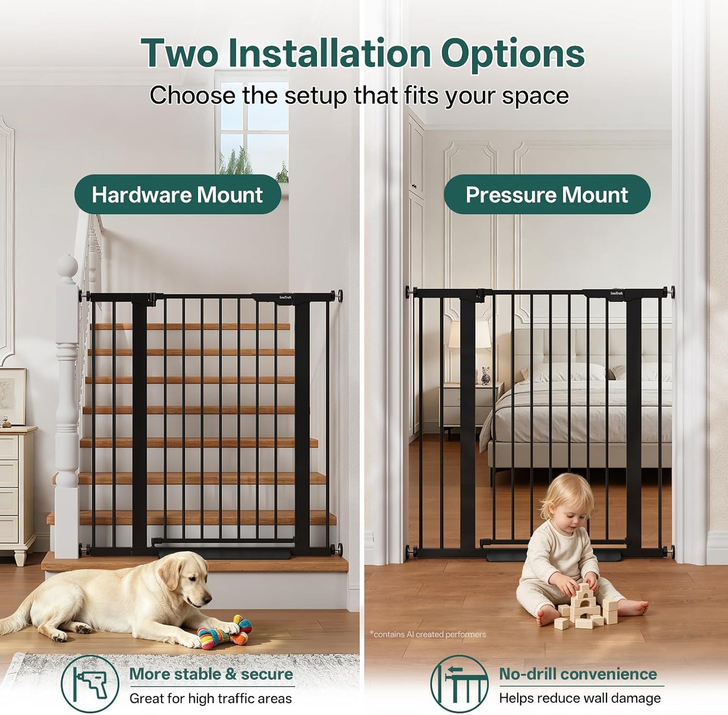 29.5–40.75" Baby Gate for Stairs, 30" Tall Dog Gates for Doorways & Hallways, Safety Gate for Kids & Pets, Pressure-Mounted Walk-Through with Dual Lock & 2-Way Swing, White