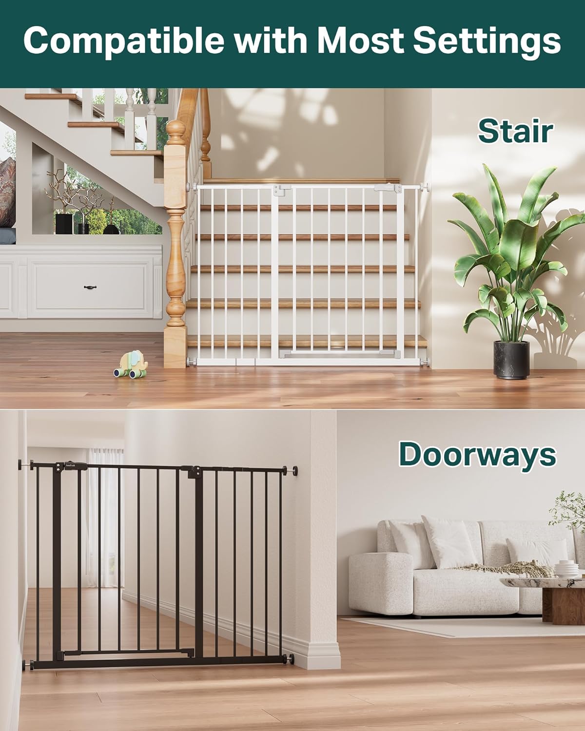 29.5–40.75" Baby Gate for Stairs, 30" Tall Dog Gates for Doorways & Hallways, Safety Gate for Kids & Pets, Pressure-Mounted Walk-Through with Dual Lock & 2-Way Swing, White