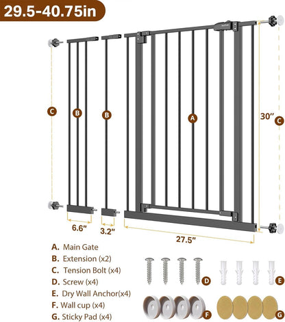 29.5–40.75" Baby Gate for Stairs, 30" Tall Dog Gates for Doorways & Hallways, Safety Gate for Kids & Pets, Pressure-Mounted Walk-Through with Dual Lock & 2-Way Swing, White