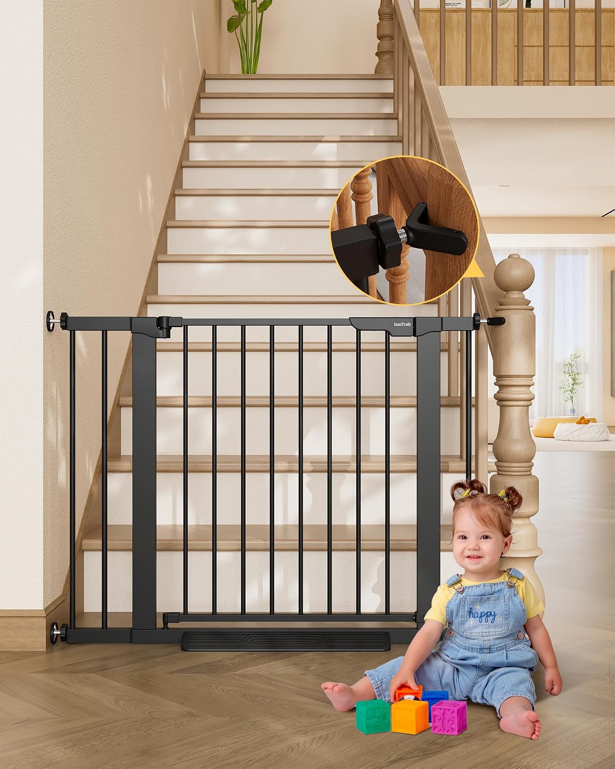 29.5–40.75" Baby Gate for Stairs, 30" Tall Dog Gates for Doorways & Hallways, Safety Gate for Kids & Pets, Pressure-Mounted Walk-Through with Dual Lock & 2-Way Swing, White