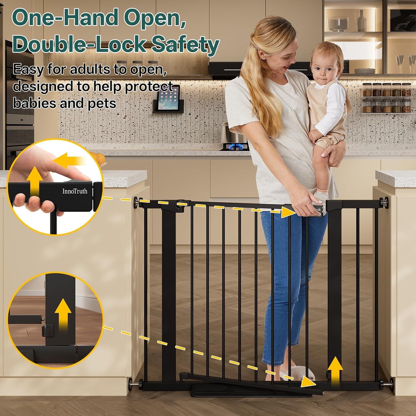 29.5–40.75" Baby Gate for Stairs, 30" Tall Dog Gates for Doorways & Hallways, Safety Gate for Kids & Pets, Pressure-Mounted Walk-Through with Dual Lock & 2-Way Swing, White