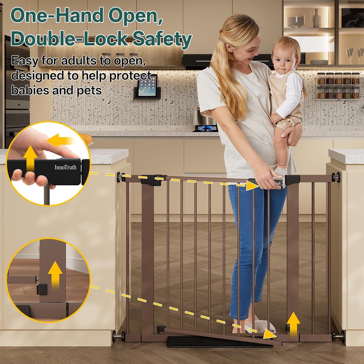 29.5–40.75" Baby Gate for Stairs, 30" Tall Dog Gates for Doorways & Hallways, Safety Gate for Kids & Pets, Pressure-Mounted Walk-Through with Dual Lock & 2-Way Swing, White