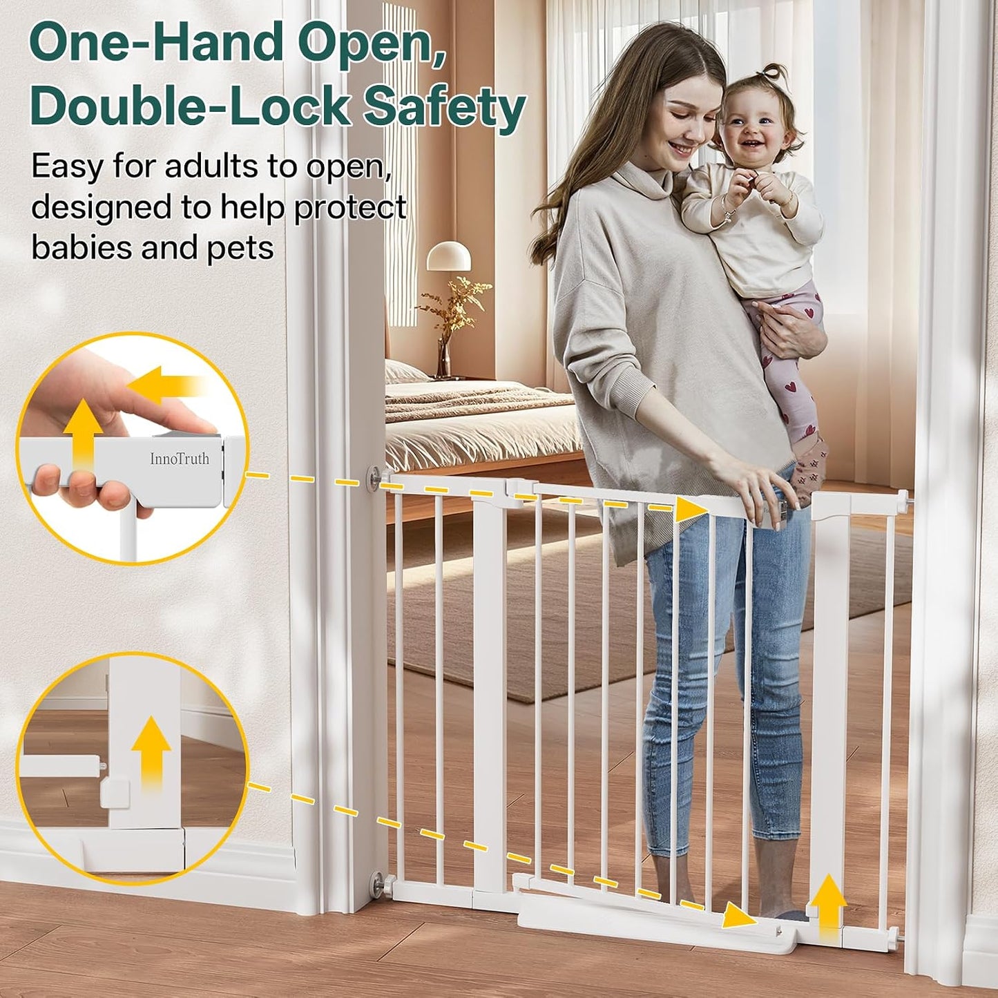 29.5–40.75" Baby Gate for Stairs, 30" Tall Dog Gates for Doorways & Hallways, Safety Gate for Kids & Pets, Pressure-Mounted Walk-Through with Dual Lock & 2-Way Swing, White