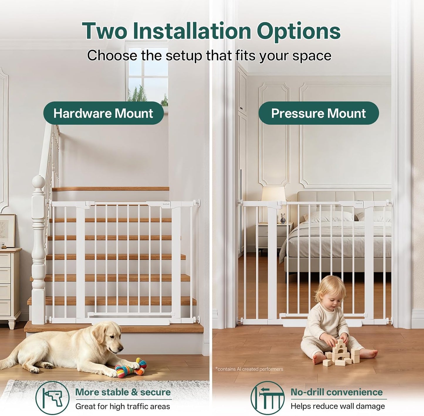 29.5–40.75" Baby Gate for Stairs, 30" Tall Dog Gates for Doorways & Hallways, Safety Gate for Kids & Pets, Pressure-Mounted Walk-Through with Dual Lock & 2-Way Swing, White