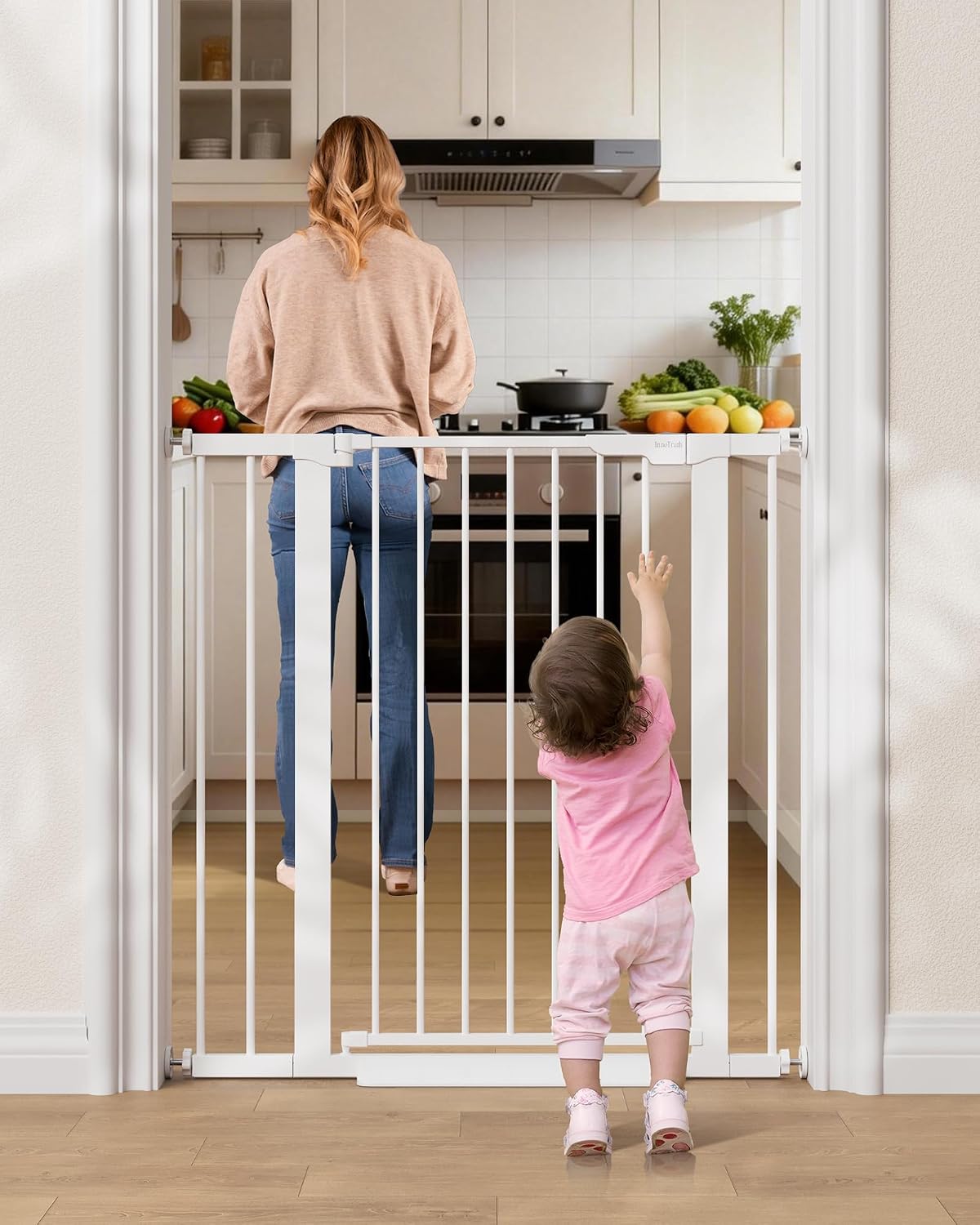 29.5–40.75" Baby Gate for Stairs, 30" Tall Dog Gates for Doorways & Hallways, Safety Gate for Kids & Pets, Pressure-Mounted Walk-Through with Dual Lock & 2-Way Swing, White