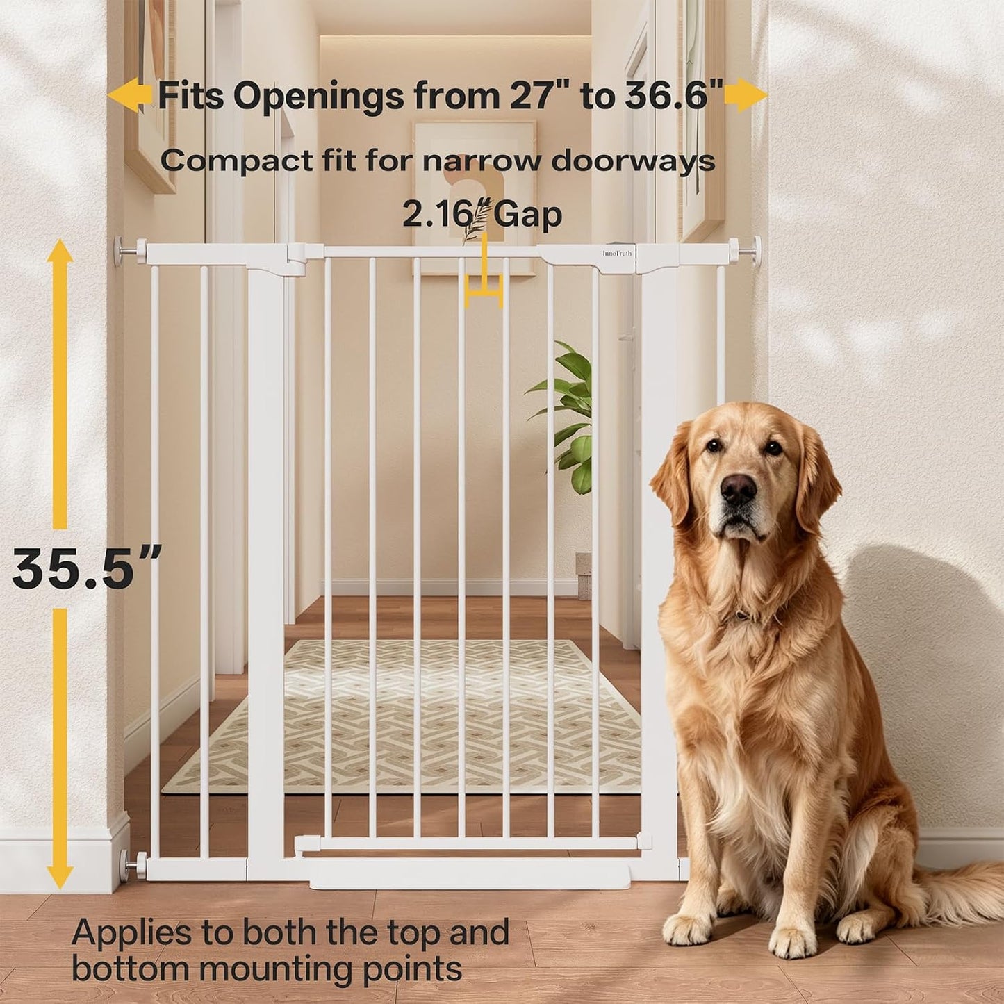 29.5–40.75" Baby Gate for Stairs, 30" Tall Dog Gates for Doorways & Hallways, Safety Gate for Kids & Pets, Pressure-Mounted Walk-Through with Dual Lock & 2-Way Swing, White