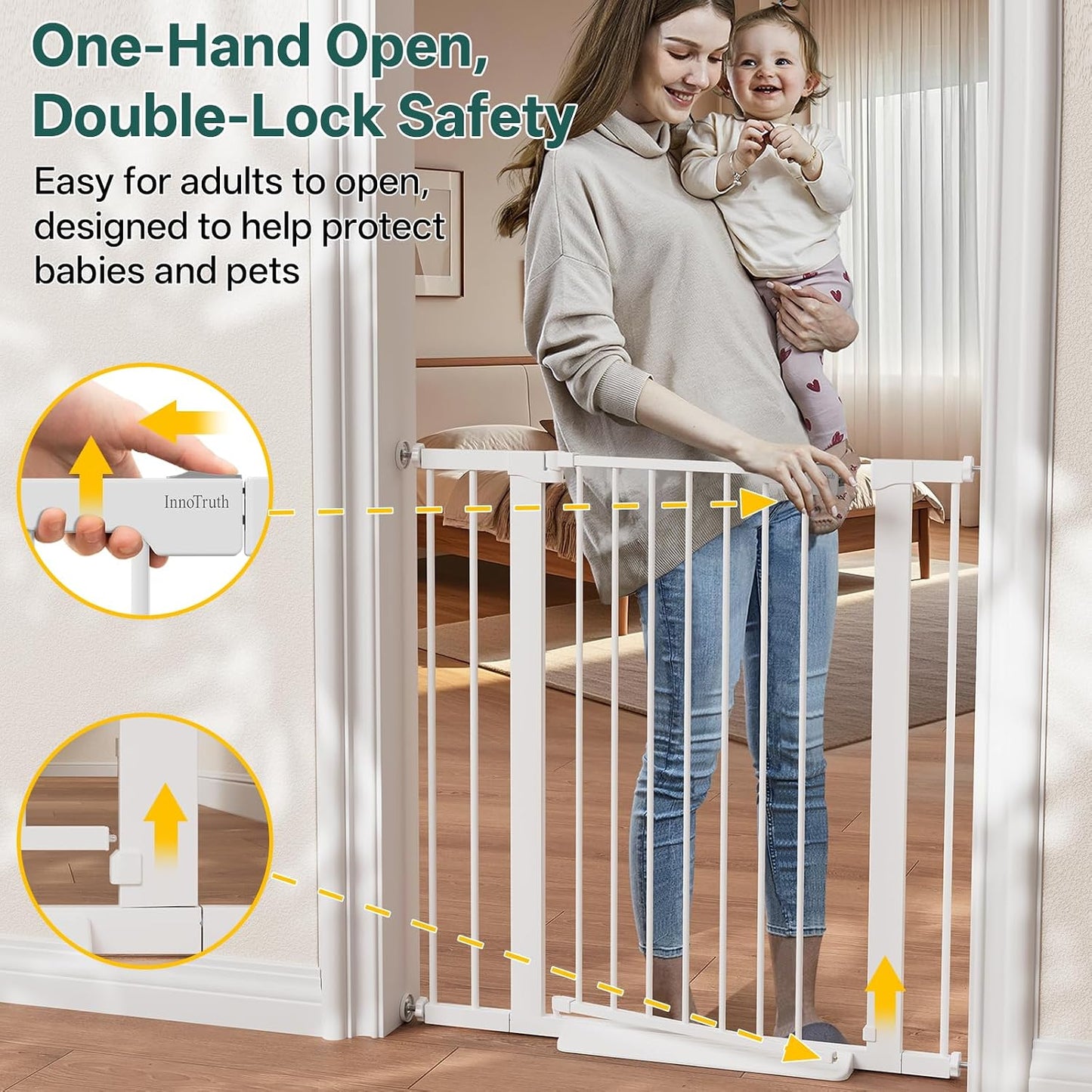 29.5–40.75" Baby Gate for Stairs, 30" Tall Dog Gates for Doorways & Hallways, Safety Gate for Kids & Pets, Pressure-Mounted Walk-Through with Dual Lock & 2-Way Swing, White