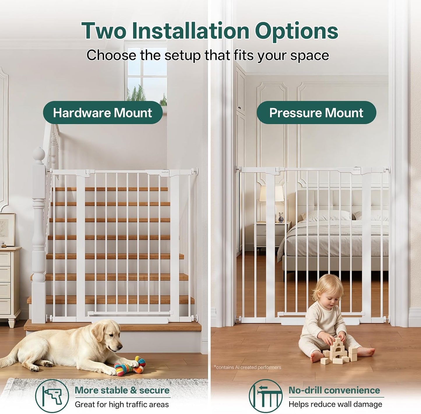 29.5–40.75" Baby Gate for Stairs, 30" Tall Dog Gates for Doorways & Hallways, Safety Gate for Kids & Pets, Pressure-Mounted Walk-Through with Dual Lock & 2-Way Swing, White