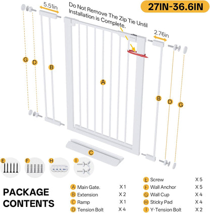 29.5–40.75" Baby Gate for Stairs, 30" Tall Dog Gates for Doorways & Hallways, Safety Gate for Kids & Pets, Pressure-Mounted Walk-Through with Dual Lock & 2-Way Swing, White