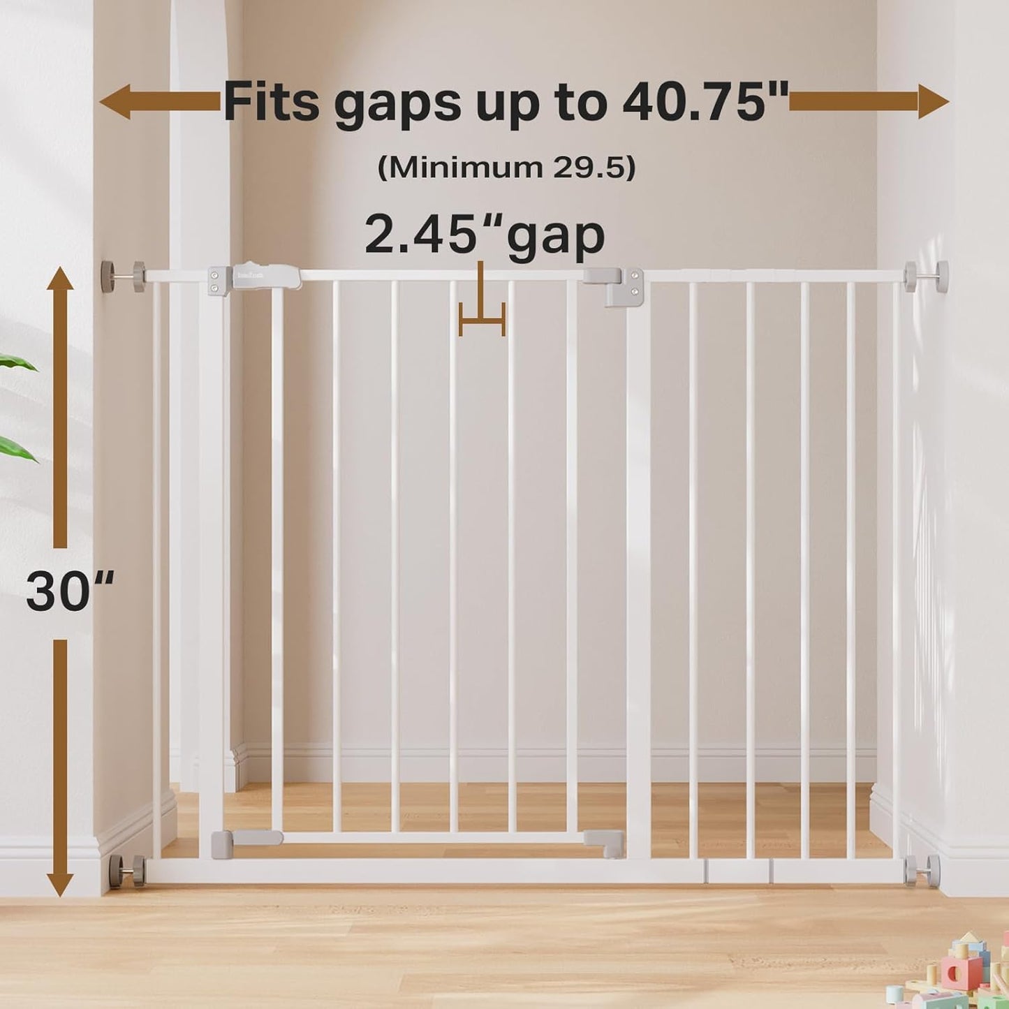 29.5–40.75" Baby Gate for Stairs, 30" Tall Dog Gates for Doorways & Hallways, Safety Gate for Kids & Pets, Pressure-Mounted Walk-Through with Dual Lock & 2-Way Swing, White