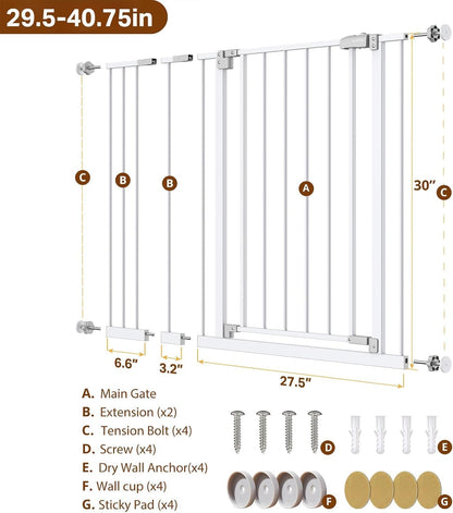 29.5–40.75" Baby Gate for Stairs, 30" Tall Dog Gates for Doorways & Hallways, Safety Gate for Kids & Pets, Pressure-Mounted Walk-Through with Dual Lock & 2-Way Swing, White