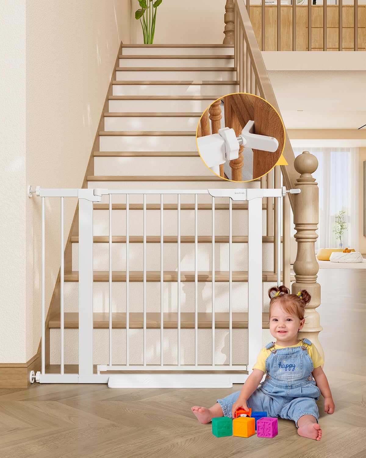 29.5–40.75" Baby Gate for Stairs, 30" Tall Dog Gates for Doorways & Hallways, Safety Gate for Kids & Pets, Pressure-Mounted Walk-Through with Dual Lock & 2-Way Swing, White