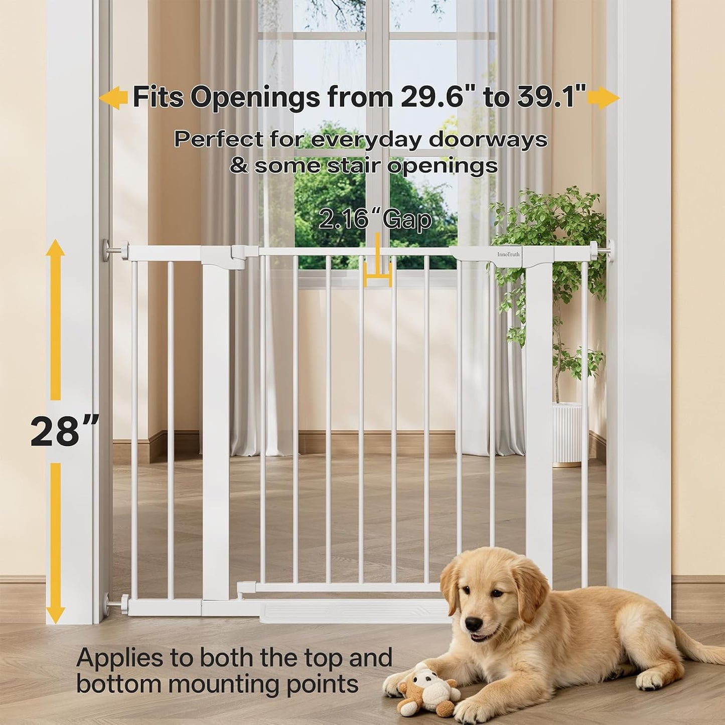 29.5–40.75" Baby Gate for Stairs, 30" Tall Dog Gates for Doorways & Hallways, Safety Gate for Kids & Pets, Pressure-Mounted Walk-Through with Dual Lock & 2-Way Swing, White