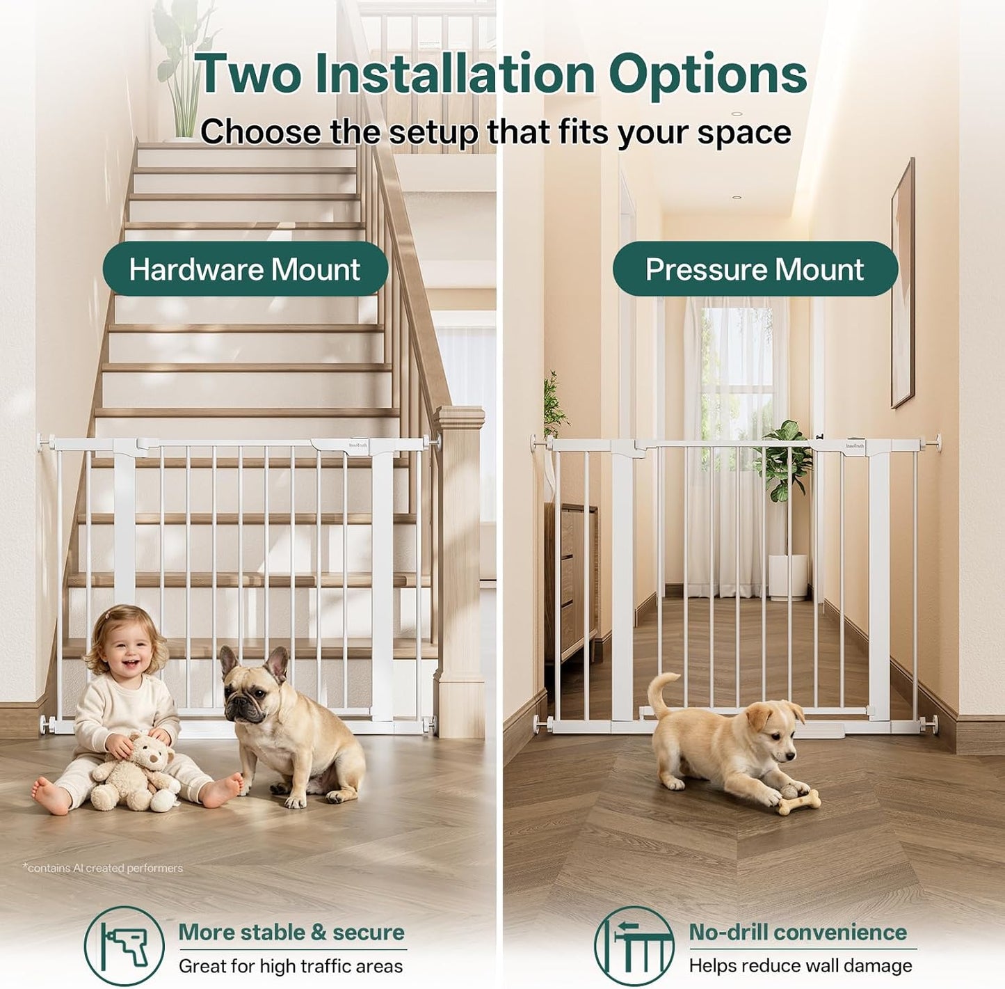 29.5–40.75" Baby Gate for Stairs, 30" Tall Dog Gates for Doorways & Hallways, Safety Gate for Kids & Pets, Pressure-Mounted Walk-Through with Dual Lock & 2-Way Swing, White